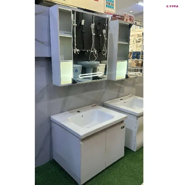 White Bathroom Vanity Cabinet with LED Mirror and basin