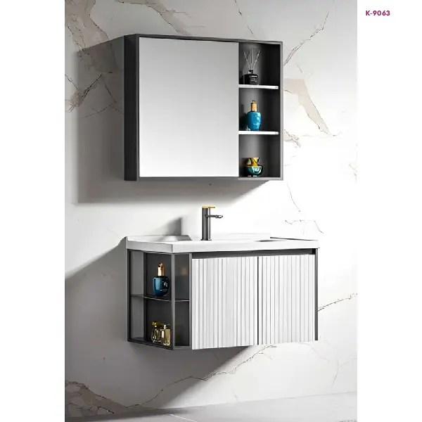 White & Charcoal Grey Bathroom Vanity Cabinet with Basin & Mirror (K-9063)
